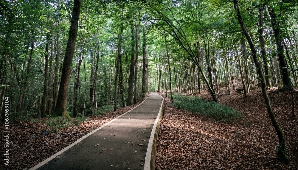 Obraz premium A bike trail leading through lush trees