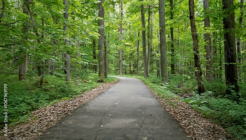 A bike trail leading through lush trees