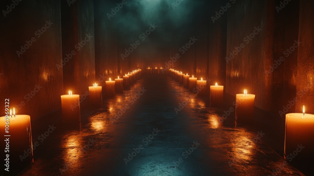 Rows of memorial candles in a dark setting, glowing softly, symbolizing remembrance, empty space around Rows of memorial candles in a dark setting, glowing softly, symbolizing remembrance, empty space around