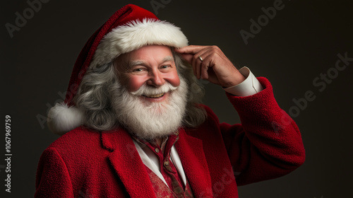 Santa tipping his hat with a smile, on a neutral background that makes his red suit pop