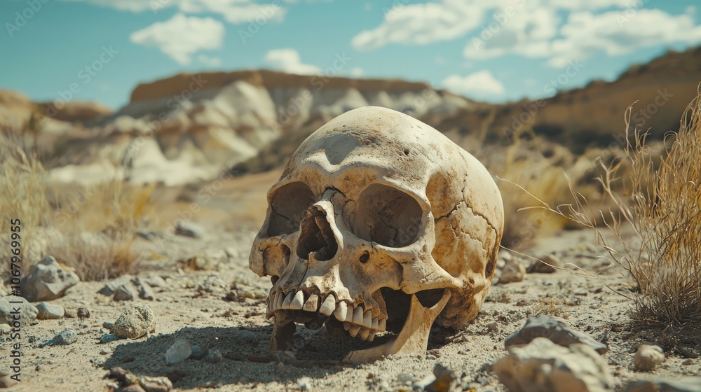 Skull in a desert landscape, sun-bleached bones, harsh environment