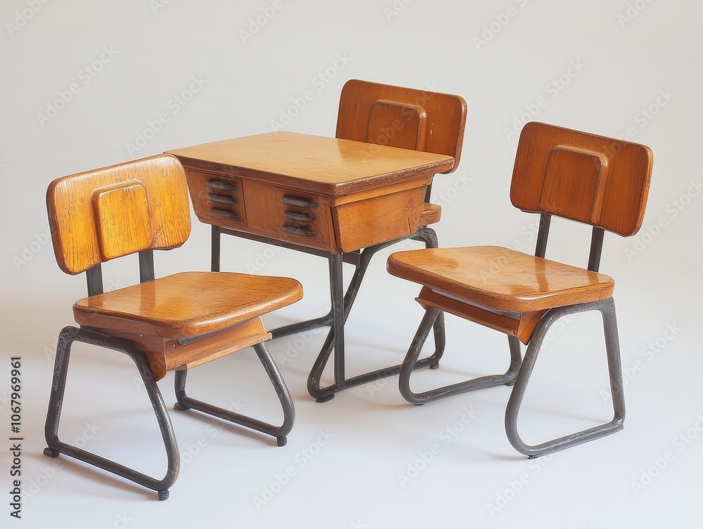 Obraz premium Retro Japanese classroom furniture from the 1950s, wooden desks and chairs capturing the nostalgic charm of mid-century education