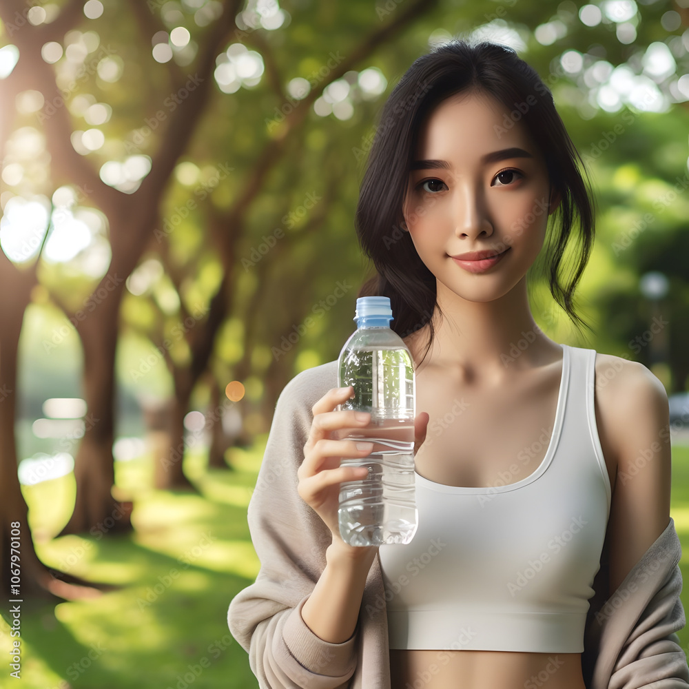 Young woman enjoying a refreshing drink in a sunlit park setting Young woman enjoying a refreshing drink in a sunlit park setting