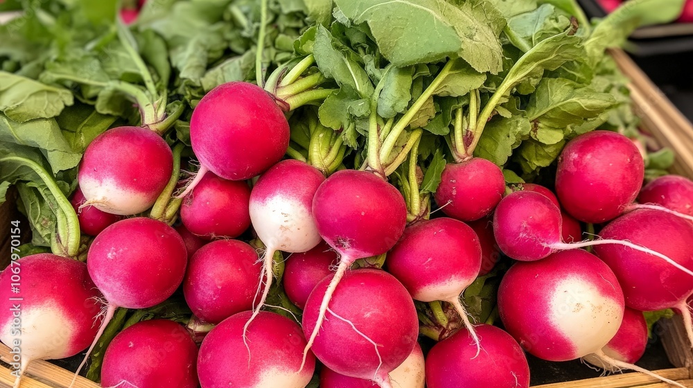 A pile of whole radishes arranged together, their bright color adding a pop to the display