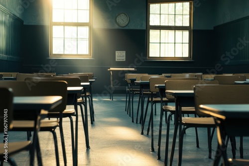 Rows of classroom chairs and desks set up in an exam scene, emphasizing organization and focus, perfect for capturing the atmosphere of a traditional test room