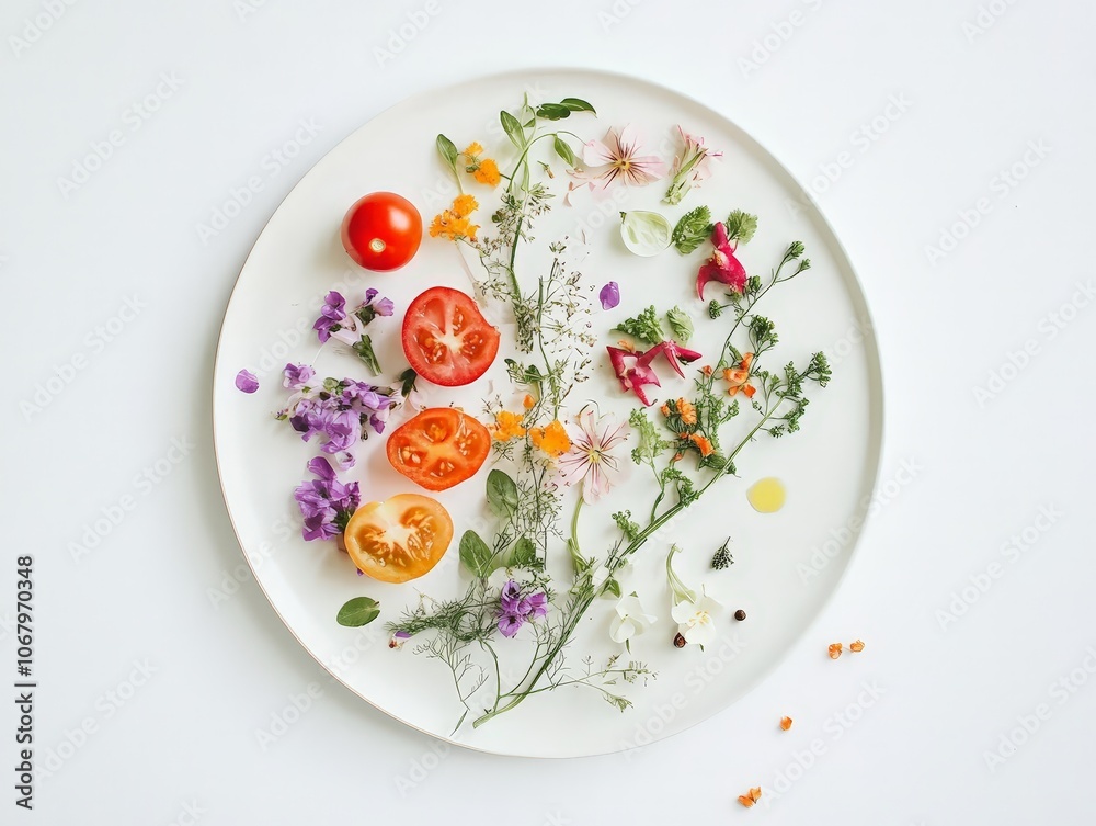 A plate of freshly harvested vegetables, garnished with delicate edible flowers, arranged elegantly on a white surface A plate of freshly harvested vegetables, garnished with delicate edible flowers, arranged elegantly on a white surface
