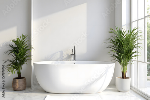 Elegant minimalist bathroom with freestanding tub and indoor plants in natural light photo