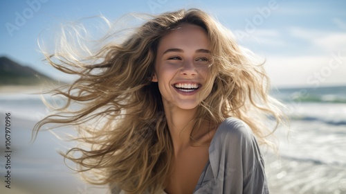 A vibrant image of a young, beautiful blonde woman with long, beachy hair, enjoying a sunny day at the beach, her hair flowing freely in the wind and a bright, carefree smile on her face. 