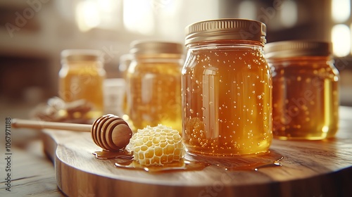 Assorted honey jars on a wooden tray, a dipper coated in honey resting nearby, a piece of golden honeycomb in focus, natural light highlighting the scene, rustic table background, detailed and cozy,