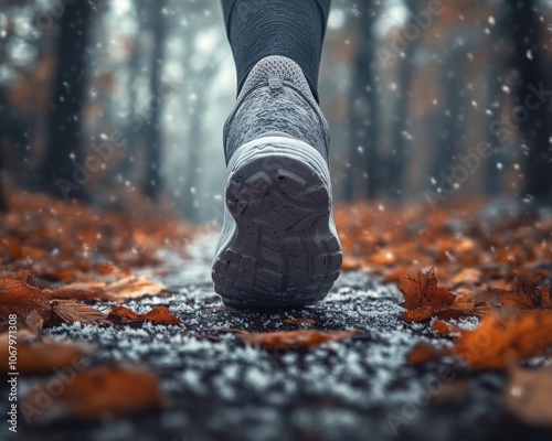 Autumn Trail Running Frosty Forest Path Close-Up in Earthy Tones