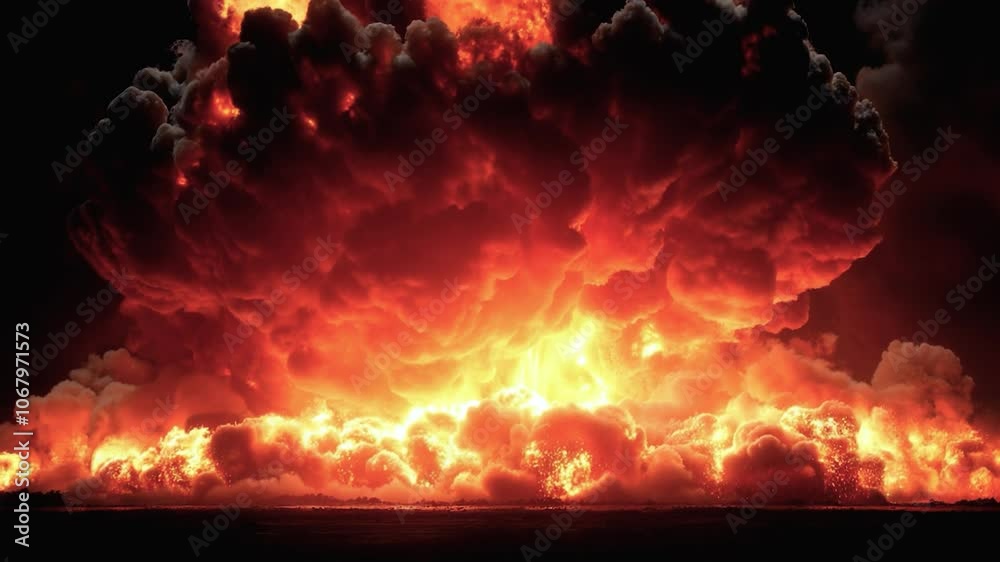 A colossal explosion erupts in a remote desert area, creating a breathtaking display of fire and smoke that illuminates the night sky. This explosive event showcases significant military capabilities.