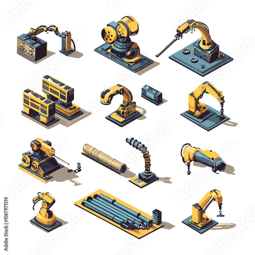 Isometric Construction Equipment Including Cranes, Excavators, and Drills