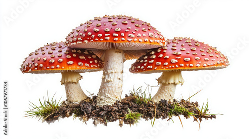 three enchanting fly agaric mushrooms in a woodland setting