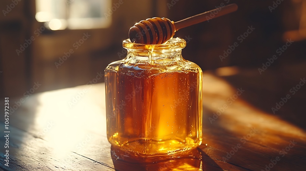 Close-up of a honey jar with a dipper placed on top, honey slowly dripping down the jar's side, sunlight casting warm reflections, detailed texture of the honey and glass, rustic wooden backdrop, Close-up of a honey jar with a dipper placed on top, honey slowly dripping down the jar's side, sunlight casting warm reflections, detailed texture of the honey and glass, rustic wooden backdrop,