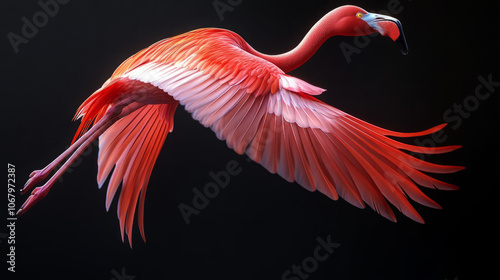 flamingos in flight: a stunning display of pink elegance and beauty against a contrasting black background