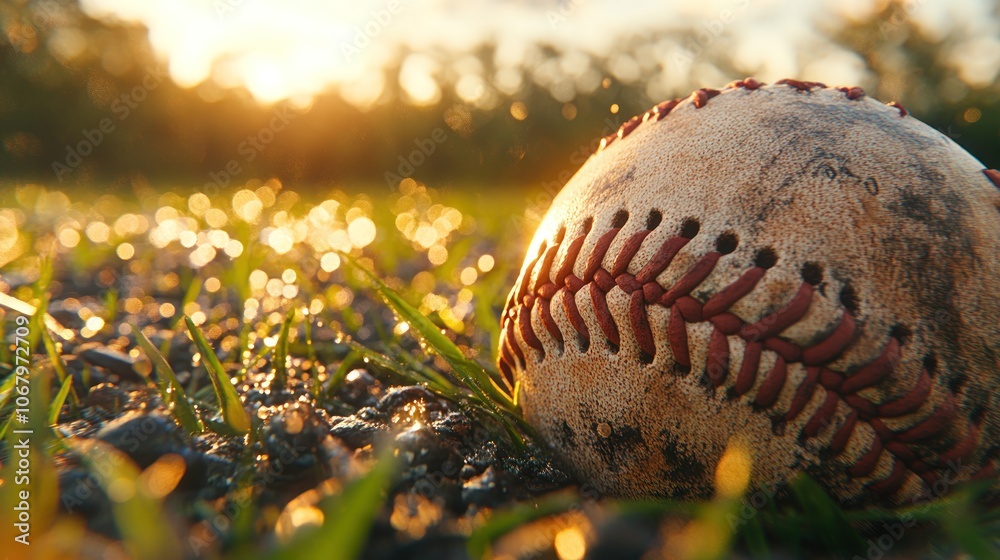 Worn baseball resting in grass at sunset. Worn baseball resting in grass at sunset.