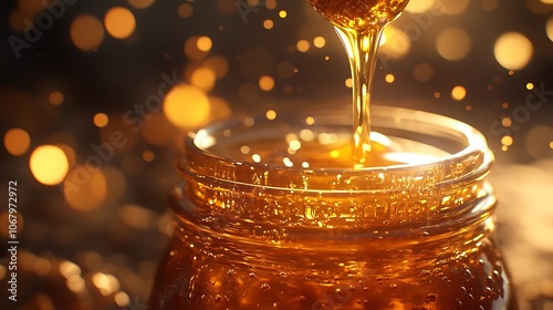 Close-up of honey cascading into a jar, golden stream mid-pour with sunlight enhancing the glow, reflections visible on the jar surface, rustic wood background, intricate details in the honey flow, photo