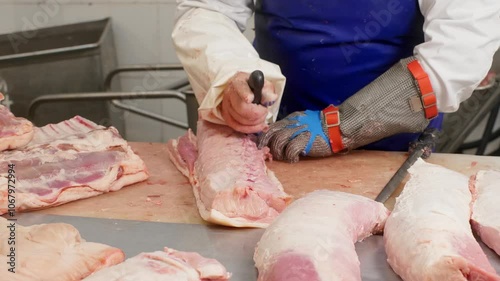 Skilled butcher in a busy slaughterhouse cuts pork meat on a metal table, emphasizing food industry, safety, and meat production