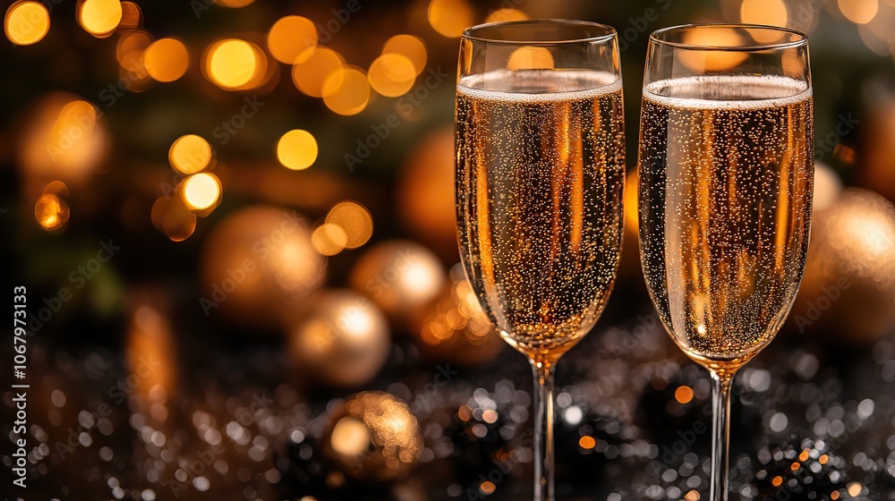 Two glasses of champagne with sparkling lights in the background, creating a festive atmosphere perfect for holiday celebrations and special moments. Two glasses of champagne with sparkling lights in the background, creating a festive atmosphere perfect for holiday celebrations and special moments.