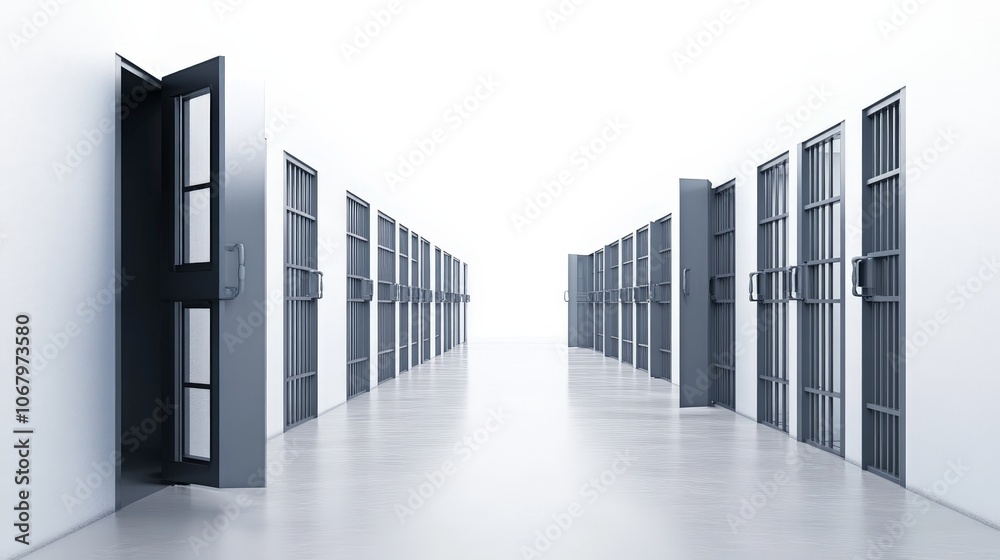 A row of empty prison cells with their doors open, isolated on a white background A row of empty prison cells with their doors open, isolated on a white background