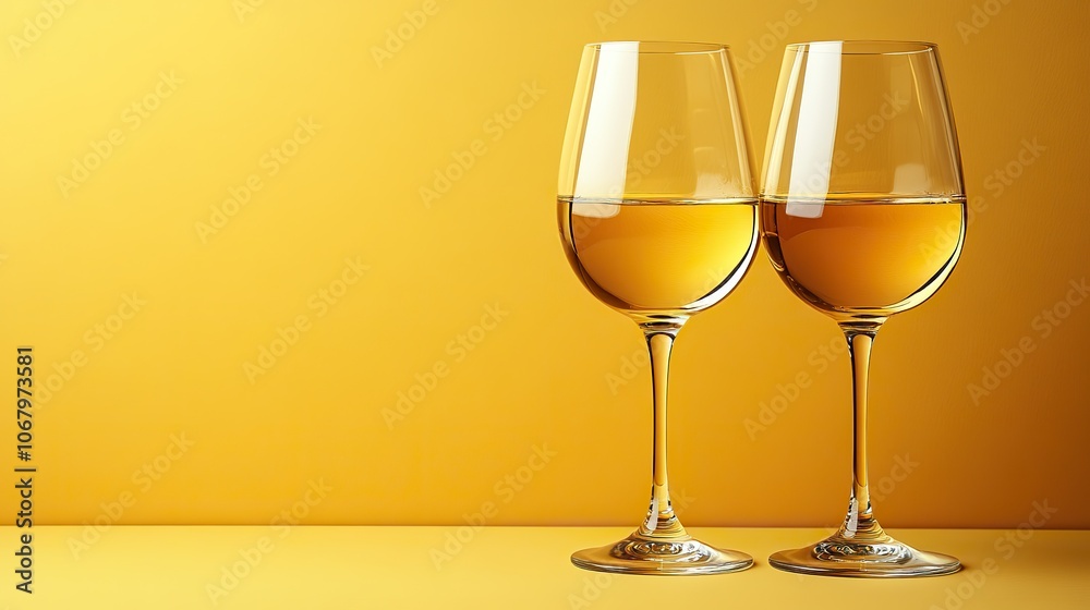Two glasses of white wine placed on a light yellow background, symbolizing a romantic dinner or summer party, perfect for wine shop advertisements or event invitations. Two glasses of white wine placed on a light yellow background, symbolizing a romantic dinner or summer party, perfect for wine shop advertisements or event invitations.