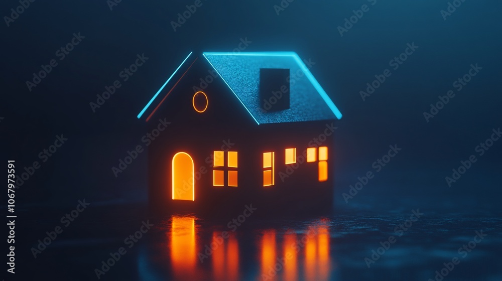 A small, dark house with glowing windows and a blue roof in a dark, minimalist setting. A small, dark house with glowing windows and a blue roof in a dark, minimalist setting.