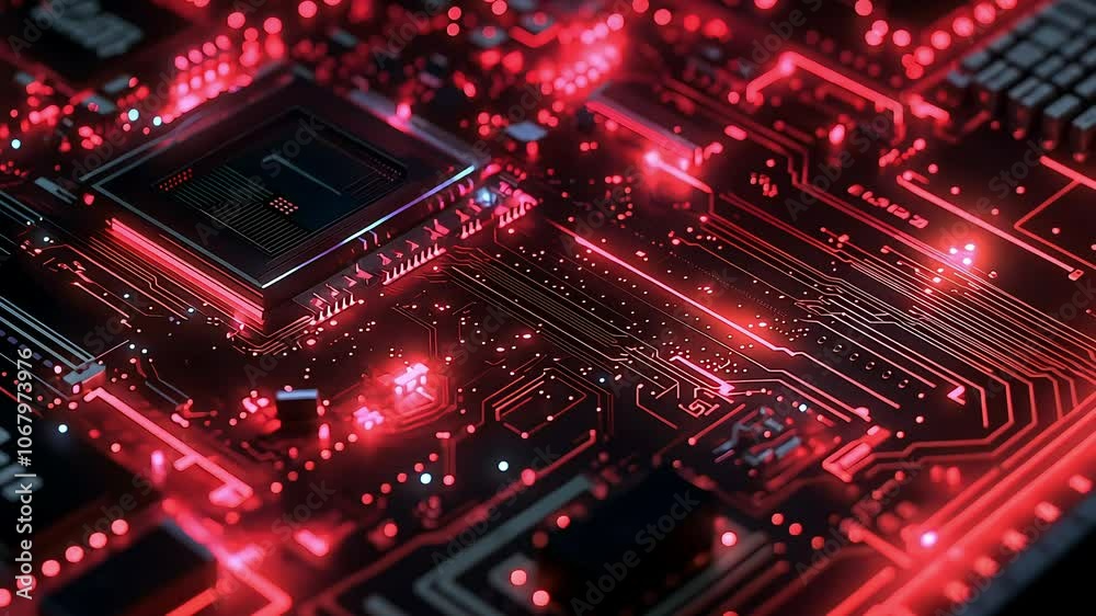 A close-up view of a circuit board illuminated in red, showcasing intricate pathways and components, highlighting the complexity of modern technology. A close-up view of a circuit board illuminated in red, showcasing intricate pathways and components, highlighting the complexity of modern technology.