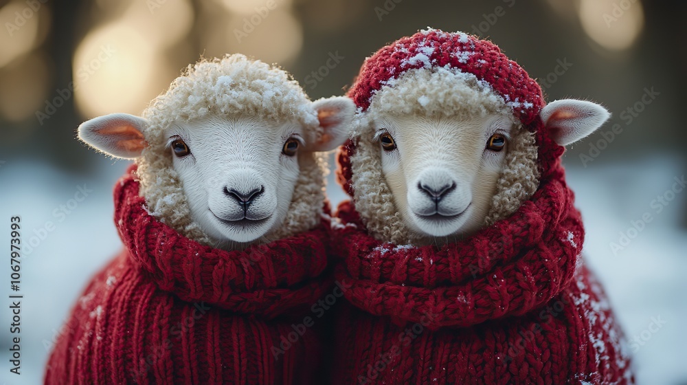 Two sheep dressed in red knit scarves, standing in the snow, portraying a cute winter wildlife holiday scene.