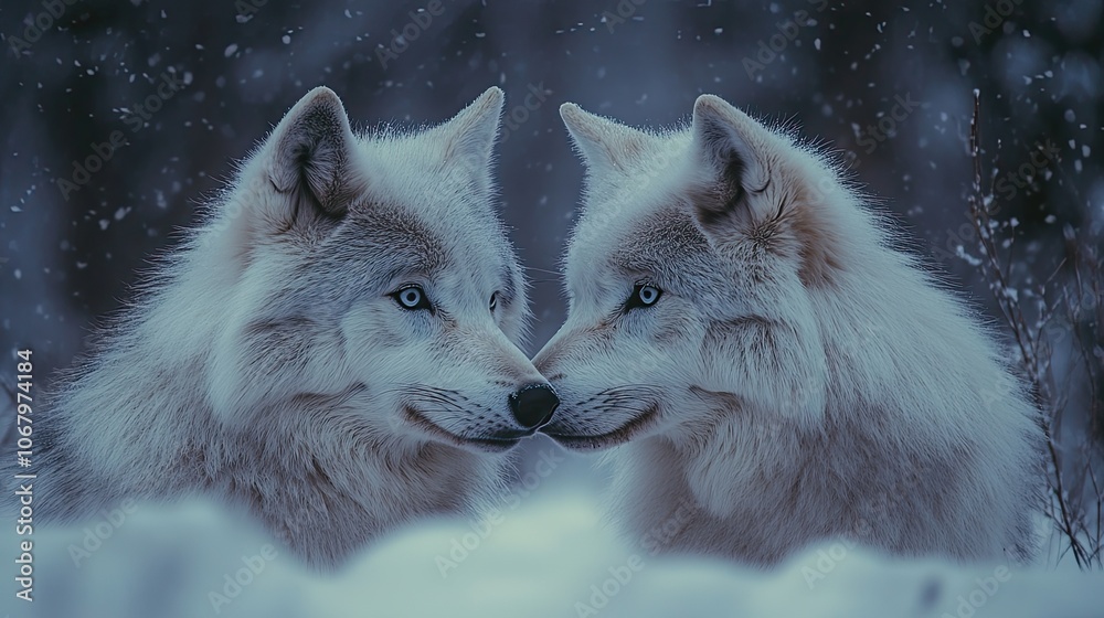 Two wild arctic wolves in a snowy forest, symbolizing wildlife in their natural habitat. Two wild arctic wolves in a snowy forest, symbolizing wildlife in their natural habitat.