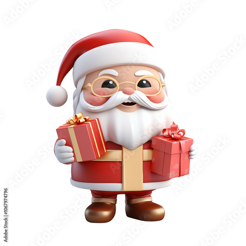 Santa Claus with gifts, jolly smile, red suit, and glasses, stands on a white background. Happy elf in green outfit, jumping with joy, spreading festive cheer. Perfect holiday characters. PNG format.