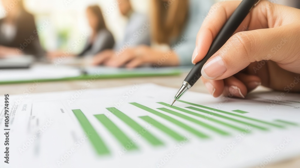 Pen poised over green finance chart, high-definition, team members blurred in office setting Pen poised over green finance chart, high-definition, team members blurred in office setting