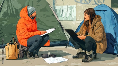 A scene of a social worker interviewing a homeless person at a shelter, discussing options for housing and support services photo