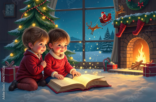 Two cute little children reading a book together under the Christmas tree on Christmas Eve