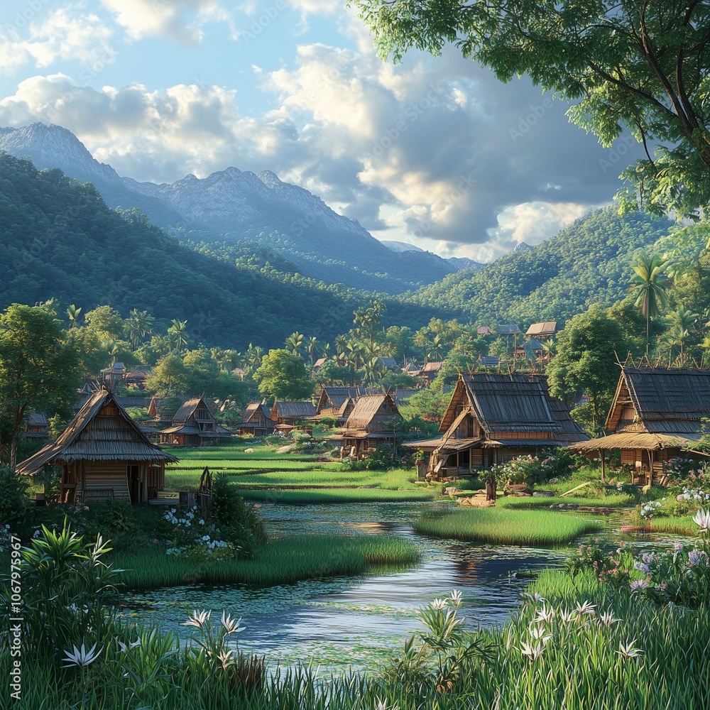 Naklejka premium A peaceful lake surrounded by mountains with a charming village and lush autumn trees