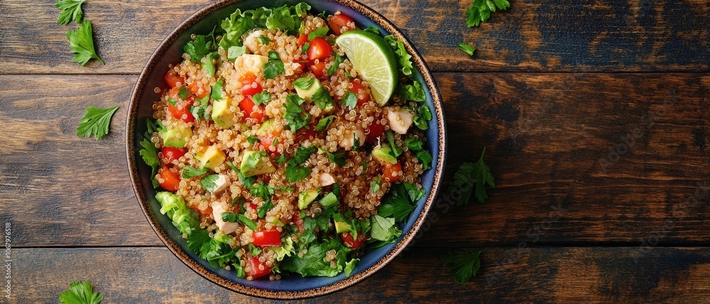 Quinoa Salad with Chicken, Avocado, Tomato, and Lime in a Bowl. Quinoa Salad with Chicken, Avocado, Tomato, and Lime in a Bowl.