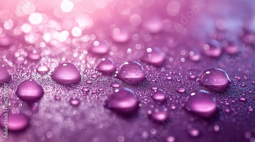 Water droplets glisten on a purple gradient background, showcasing the smooth and clear texture of skincare cosmetic products.