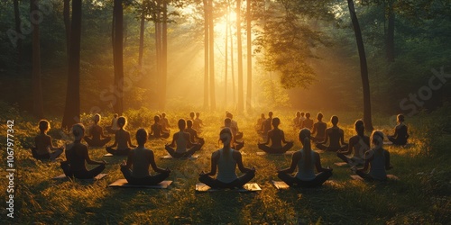 Tranquil Forest Yoga Session at Sunrise for Mental Health and Fitness, Ideal for Earth Day and International Yoga Day photo