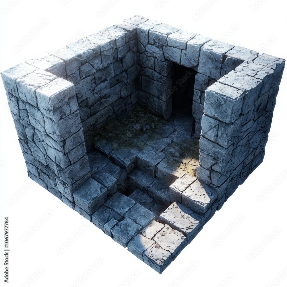 Obraz premium Low Poly 3D Render of a labyrinthine dungeon, on isolated white background