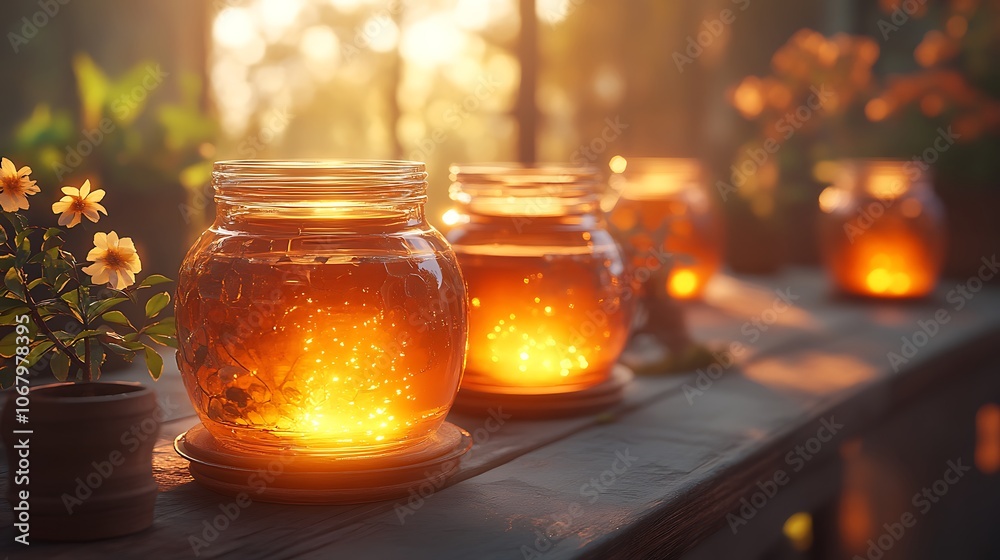 Multiple honey jars with artisan designs, set on a wooden table, warm, soft light casting reflections and shadows, rich golden honey glowing in the jars, inviting and cozy ambiance, Multiple honey jars with artisan designs, set on a wooden table, warm, soft light casting reflections and shadows, rich golden honey glowing in the jars, inviting and cozy ambiance,