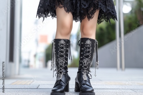 A gothic OOTD with a black lace dress, chunky boots, and silver accessories, set against a shadowy background photo