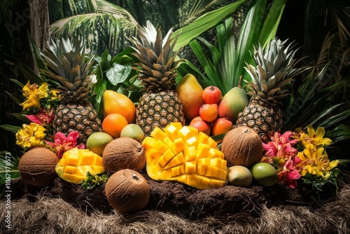 A tropical fruit display with mangoes, pineapples, and coconuts, creating an exotic and colorful presentation photo