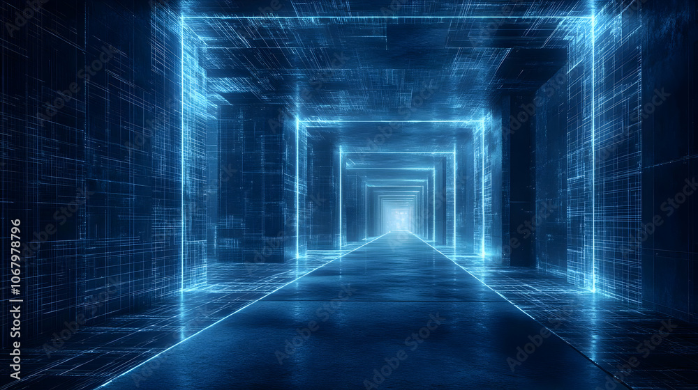 Abstract 3D Illustration of a Blue Neon Corridor Abstract 3D Illustration of a Blue Neon Corridor