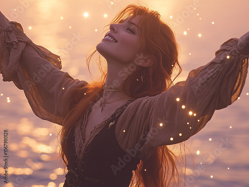 a woman dancing at night in a long dress with a flowing skirt, and city skyline with lights and a lighthouse.