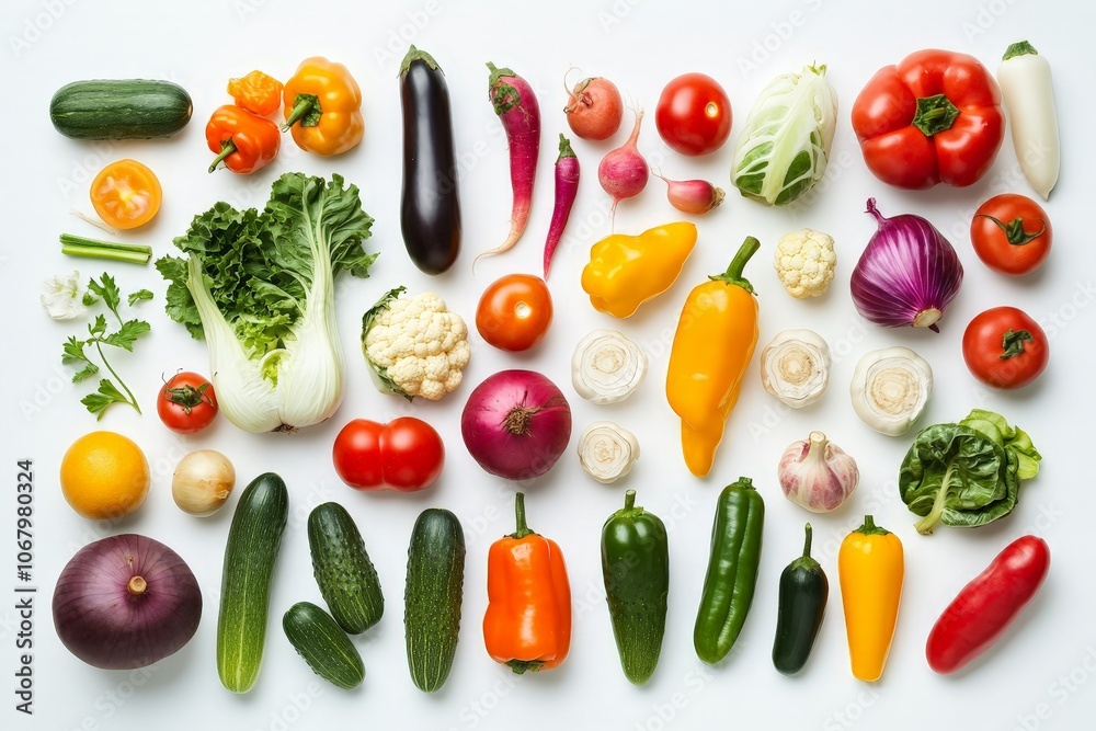 A vegetable medley with a variety of shapes and colors, laid out perfectly on a white background A vegetable medley with a variety of shapes and colors, laid out perfectly on a white background