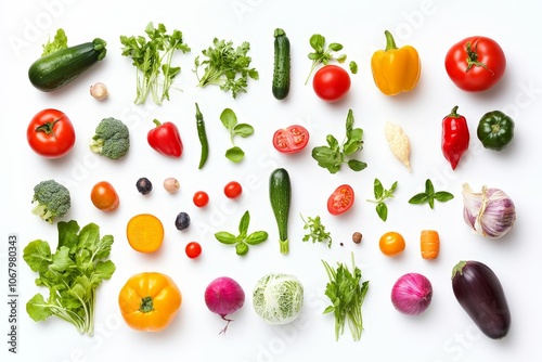 A vegetable medley with a variety of shapes and colors, laid out perfectly on a white background