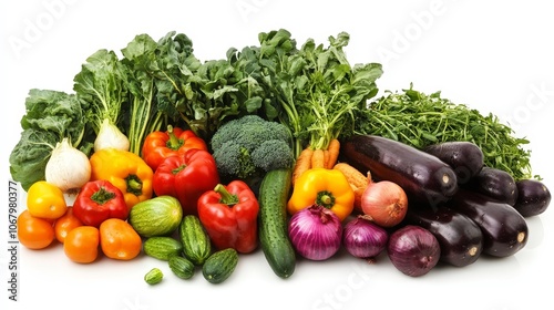 A vibrant assortment of freshly harvested organic vegetables, showcasing a variety of colors and shapes on a clean white background