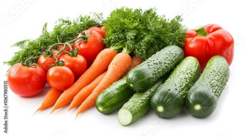 A vibrant, colorful assortment of fresh vegetables including tomatoes, carrots, and cucumbers, neatly arranged on a white background