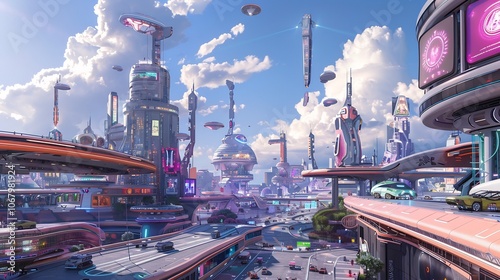 Futuristic Cityscape with Flying Cars