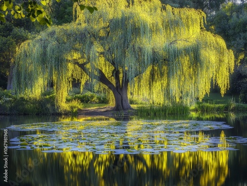 A weeping willow tree with its branches touching the surface of a calm pond