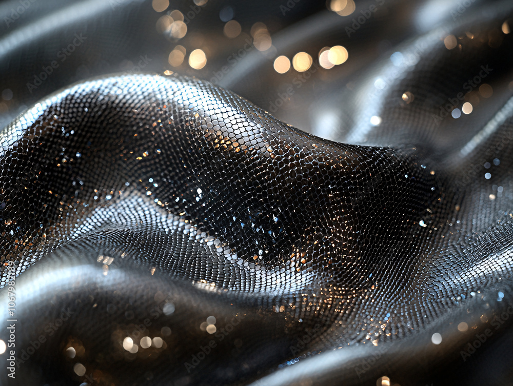 shiny silver material with a glossy snake skin texture giving it a reflective and metallic look. shiny silver material with a glossy snake skin texture giving it a reflective and metallic look.